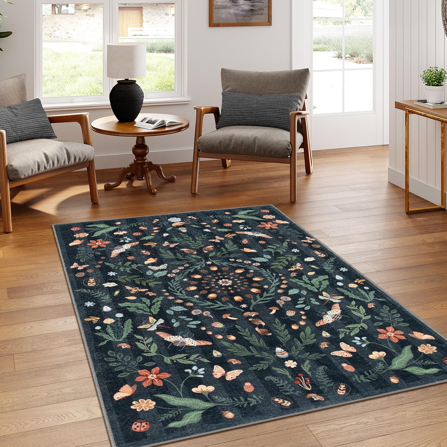 Insect Botanical Washable Black 5x7 Area Rug - Non-Slip Boho Style