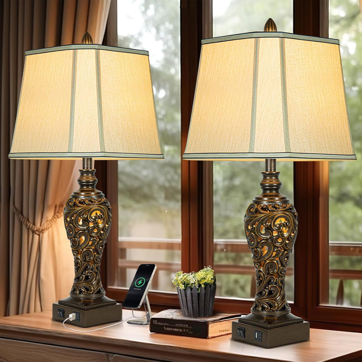Vintage Brown Table Lamps Set of 2 with USB and Nightlight