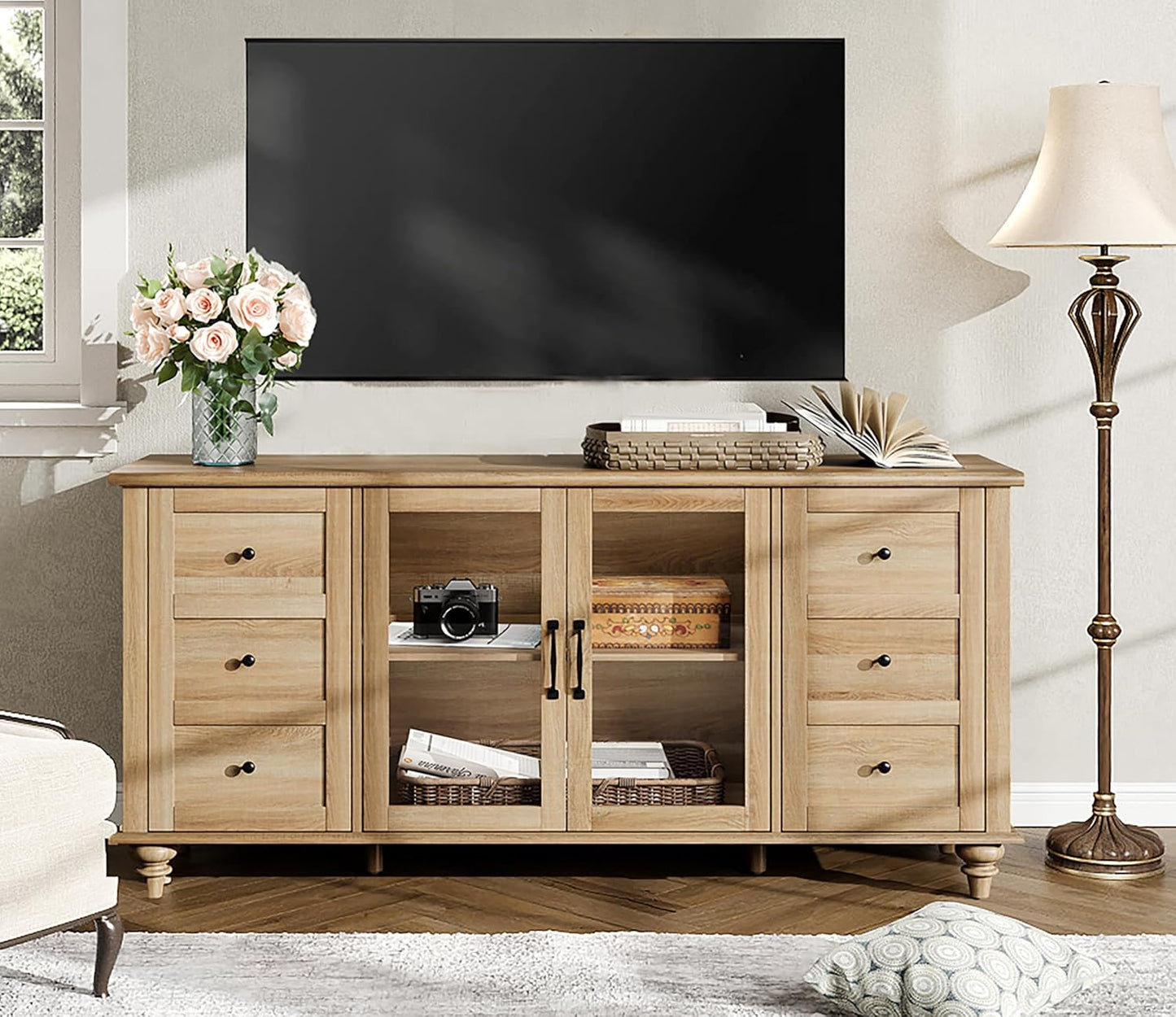 Rustic Oak TV Stand, 75 inch TV Console, 4 Cabinets