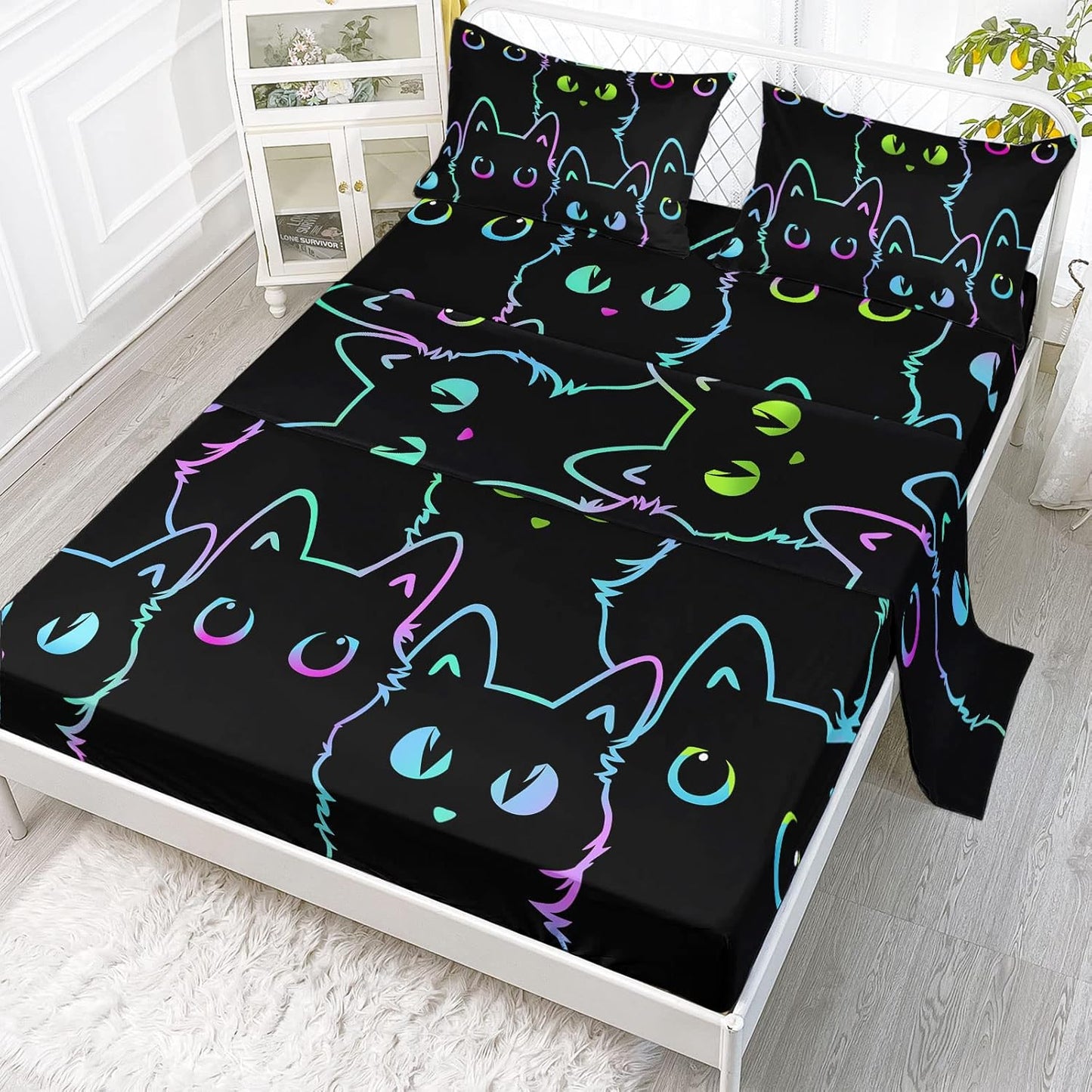 Cute Cat Sheet Set for Kids Twin Size Bedding - 4Pcs Set