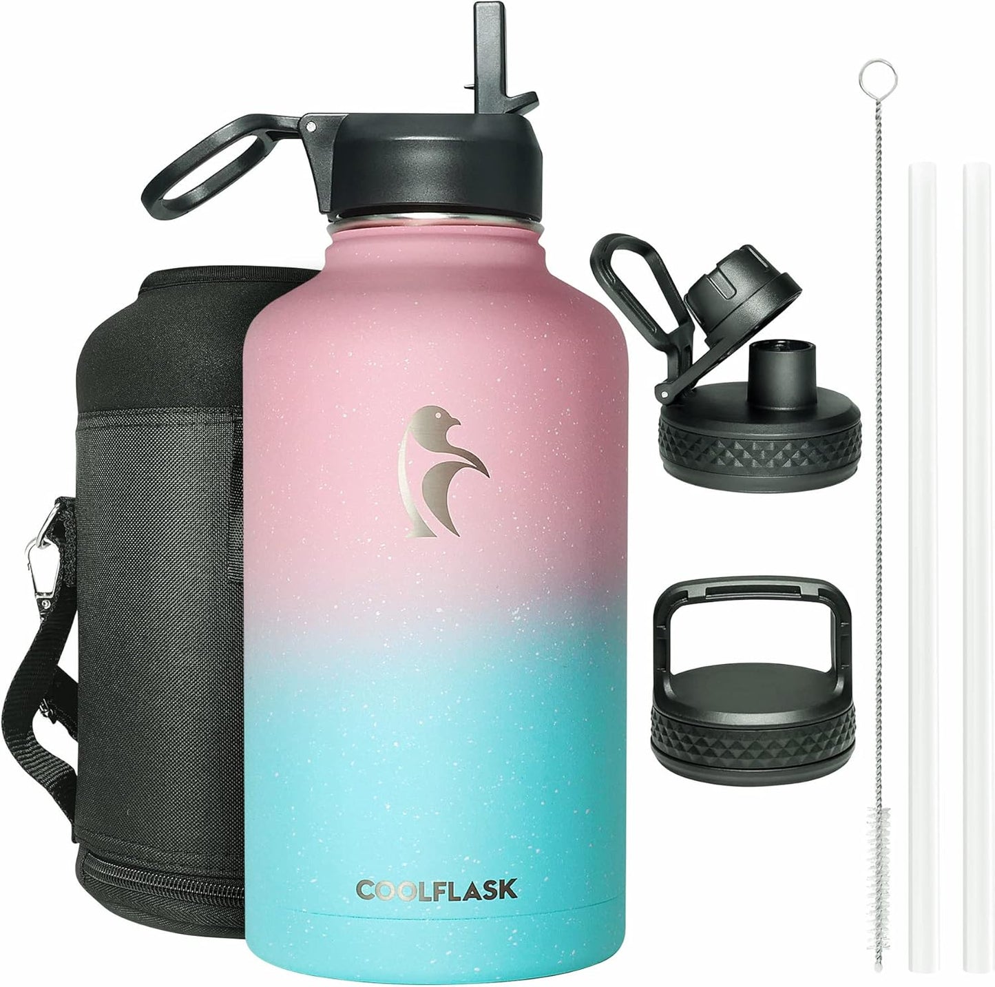 64 oz Insulated Water Bottle with Straw & 3 Lids for Hydration