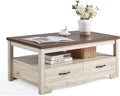 Oak Farmhouse Coffee Table with Storage Drawers and Curved Base