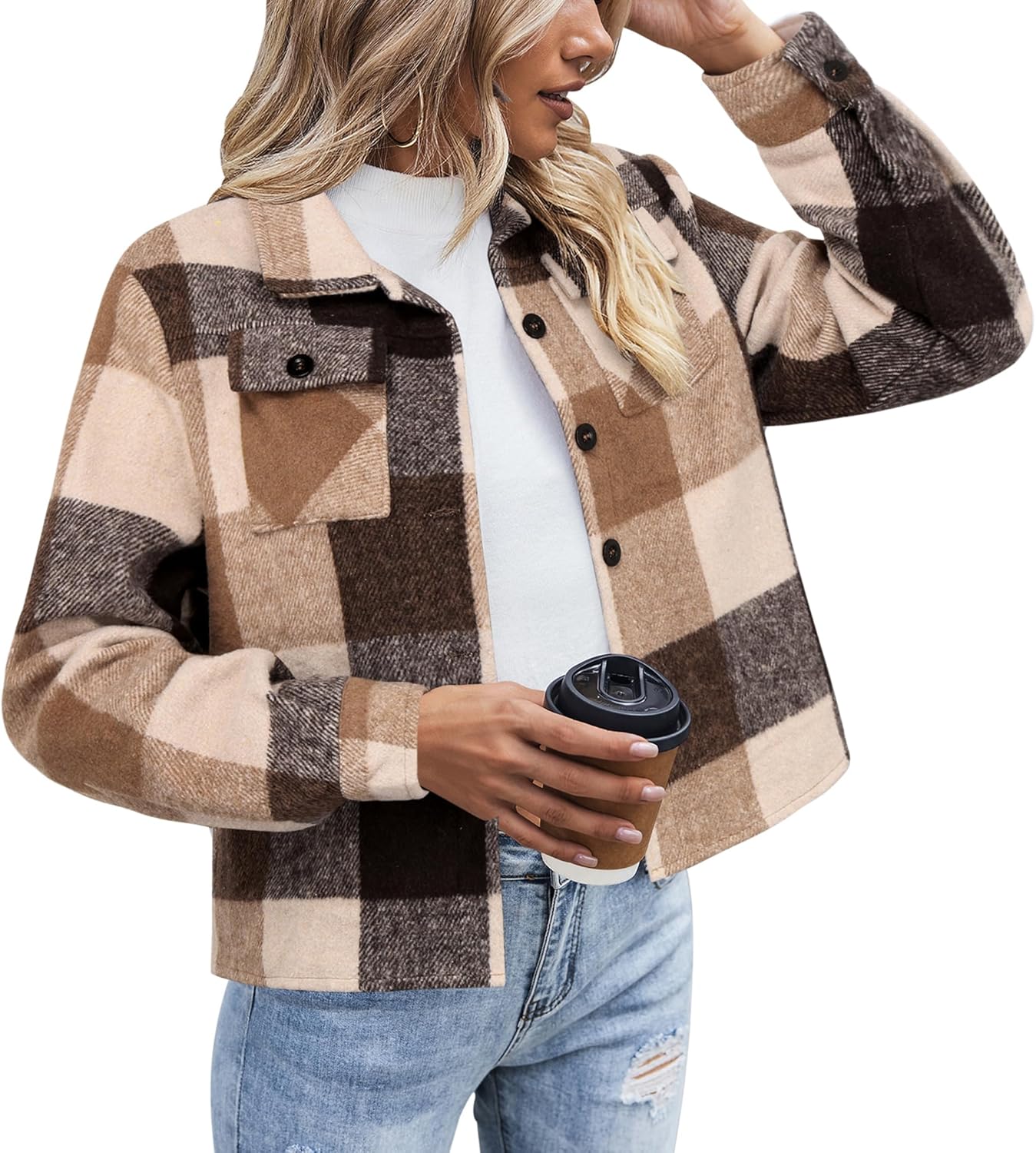Cropped Flannel Shacket Jacket for Women - Fashionable Plaid Style