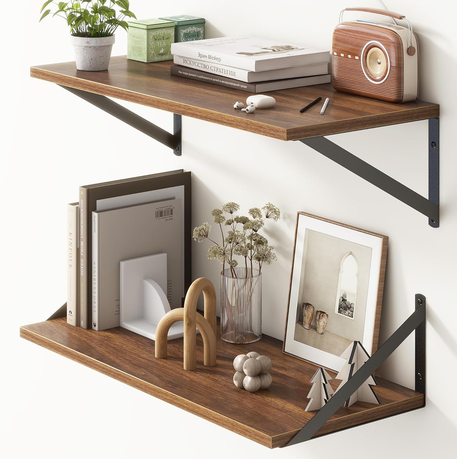 Deep Walnut Floating Shelves for Wall - Stylish Storage Solution