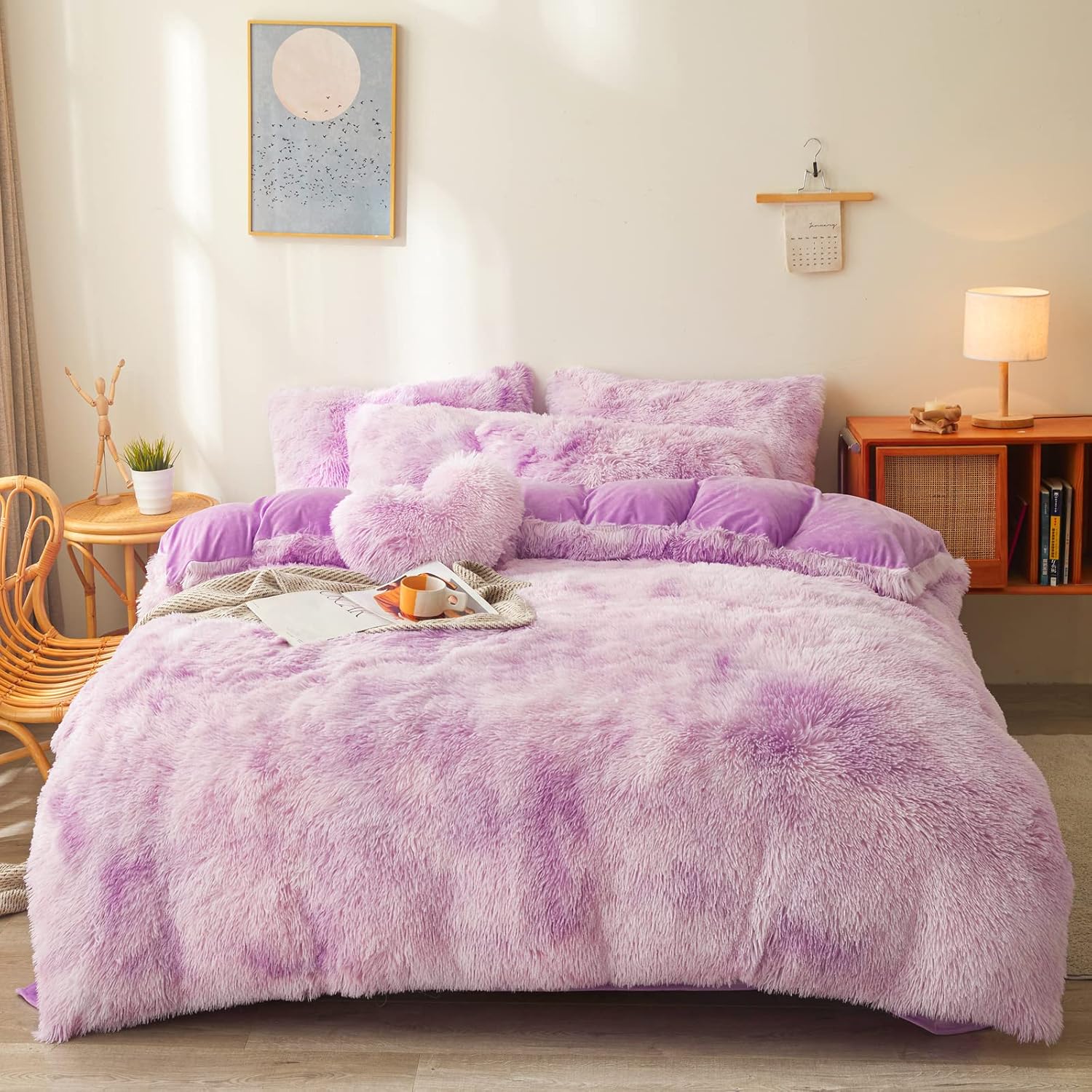 Tie Dye Lavender Plush Fluffy Comforter Cover Set Queen Size