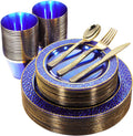 Clear Blue Plastic Plates and Gold Dinnerware Set - 150PCS Party Pack