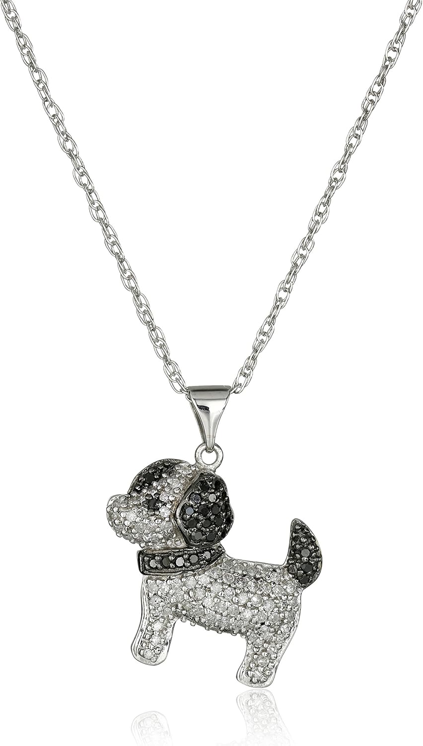 Sterling Silver White and Black Diamond Puppy Dog Pendant Necklace
