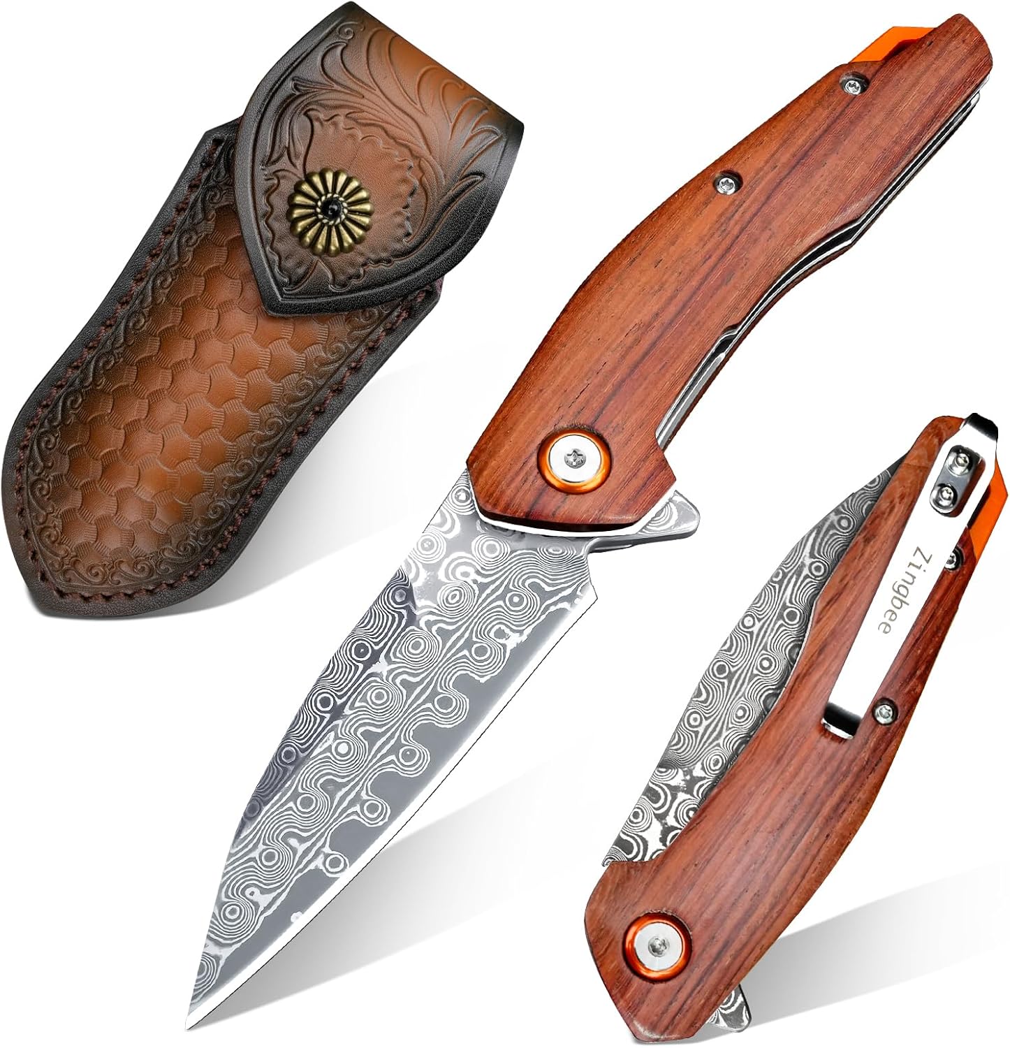 Damascus Pocket Knife for Men Women with Sandalwood Handle