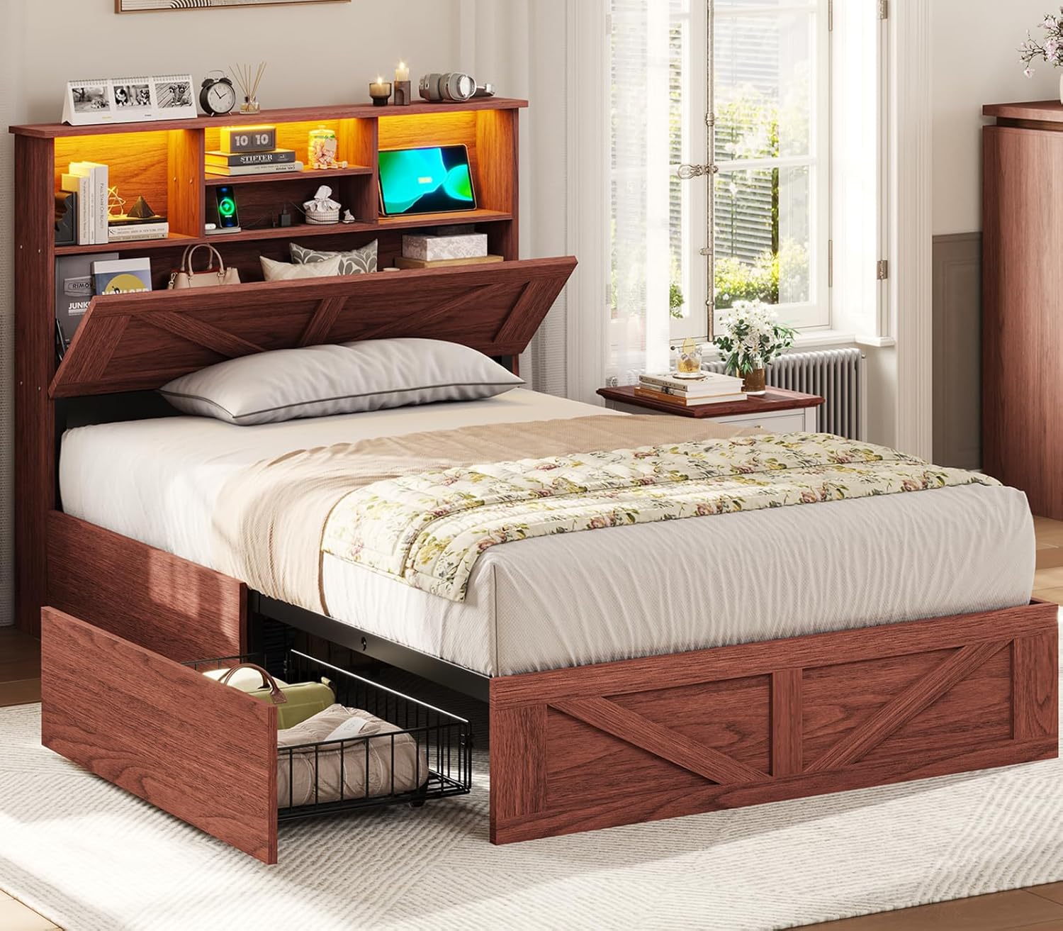 Farmhouse Twin Bed Frame with Bookcase Storage and LED Lights