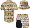 Mens 2 Piece Hawaiian Shirt and Compression Shorts Set with Bucket Hat