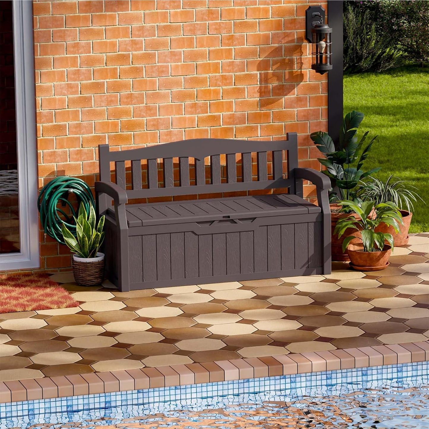 70 Gallon Plastic Storage Bench for Outdoor Cushions and Tools