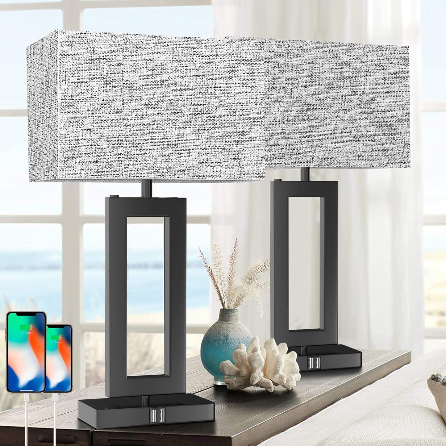 22 Tall Touch Control Table Lamp Set with USB Ports for Modern Homes