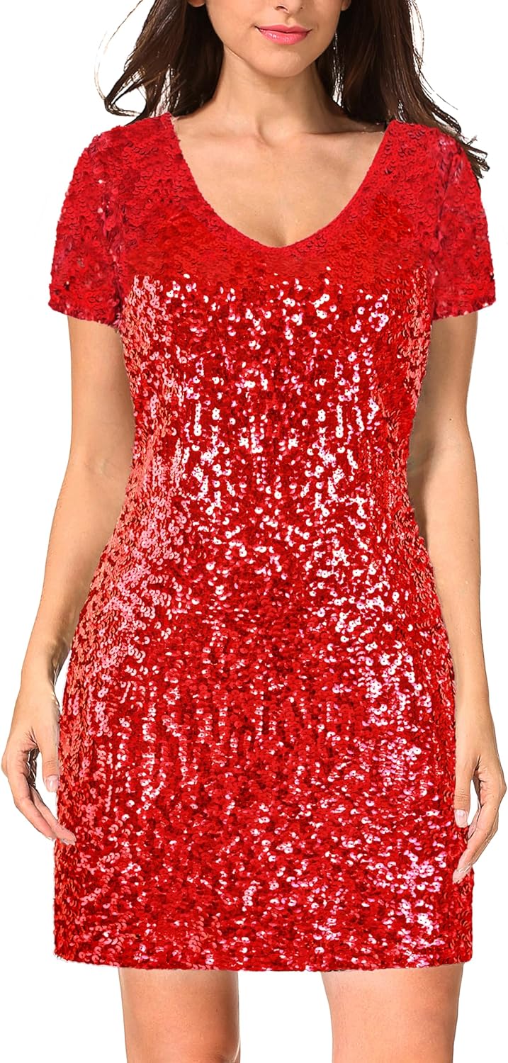 MANER Women's Sequin Glitter Short Sleeve Dress for Parties