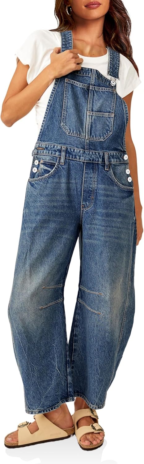 Womens Denim Bib Overalls with Adjustable Straps and Pockets