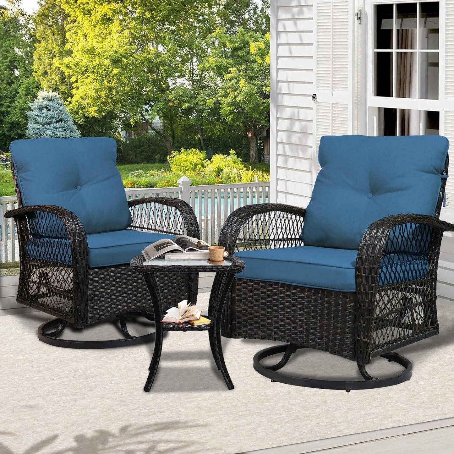 3 Piece Patio Furniture Set with Swivel Rocking Chairs and Table