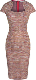 Women's Tweed Pencil Dress Cap Sleeve V-Neck - Elegant Workwear