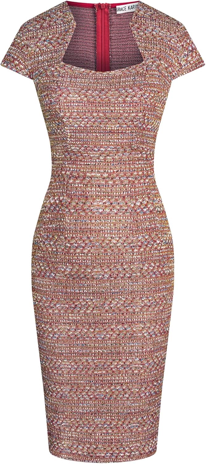 Gorgeous Pencil Dress for Work with Cap Sleeves and Tweed Style