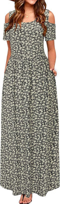 Women's Summer Maxi Cold Shoulder Sundress with Pockets - Flowy Fit