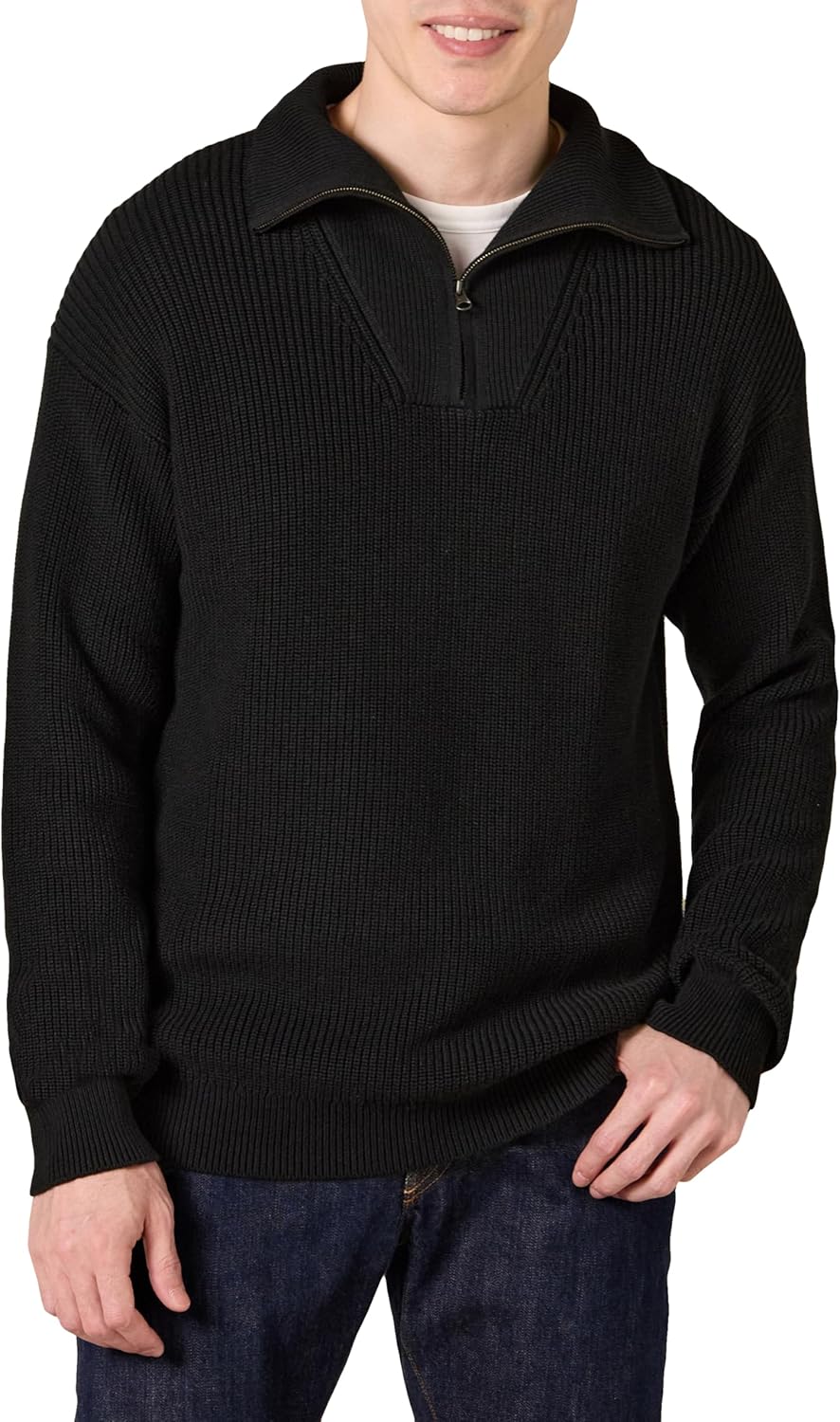Mens Quarter-Zip Rib-Knit Relaxed-Fit Sweater for Comfort