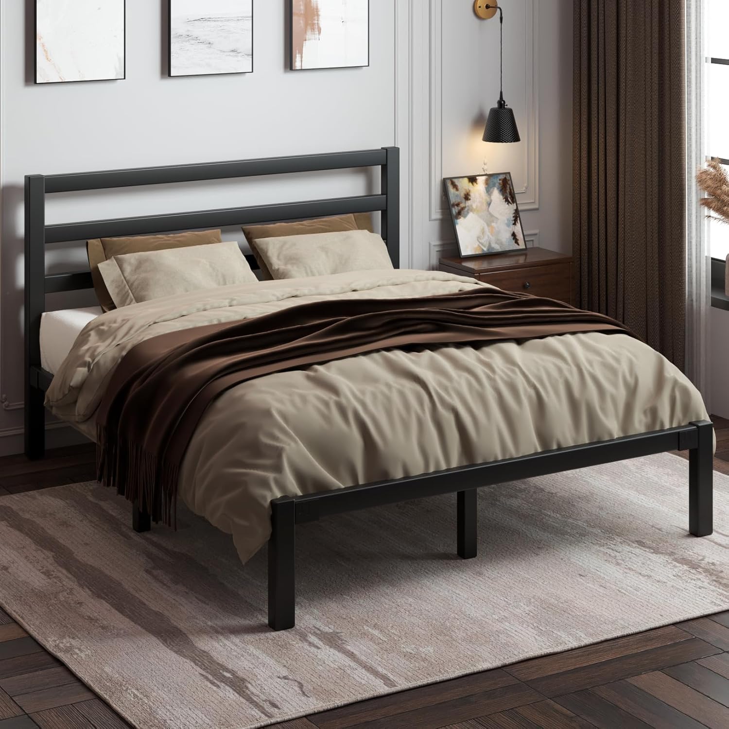 Queen Size Bed Frame with Strong Metal Foundation for Storage