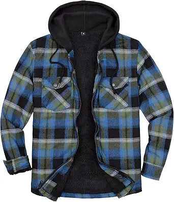 ZENTHACE Men's Sherpa Lined Full Zip Hooded Plaid Shirt Jacket