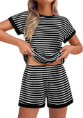 Waffle Knit Lounge Set for Women Stripe Pajama Shorts & Top