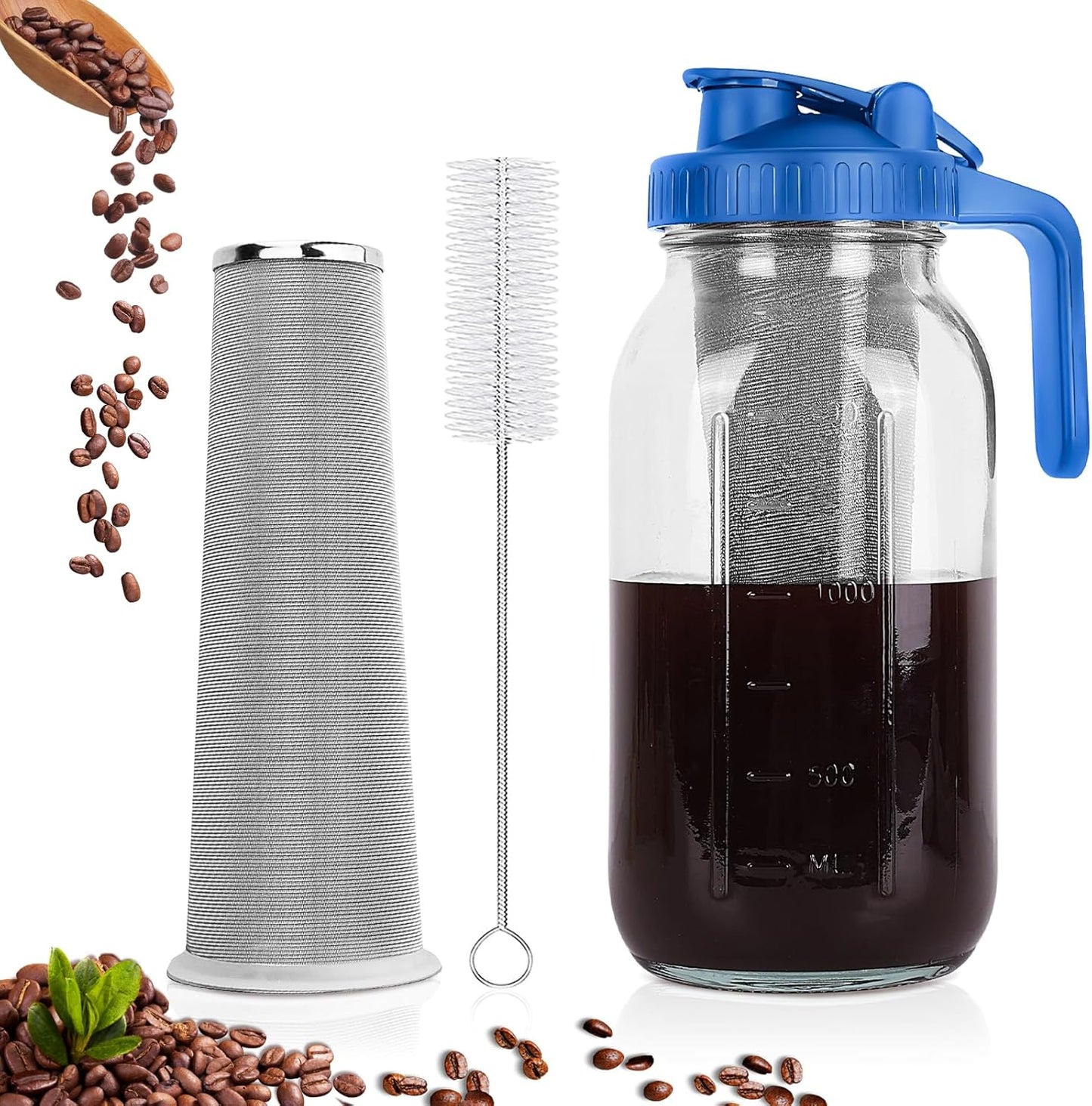 64 oz Cold Brew Coffee Maker - Airtight Stainless Filter - Blue