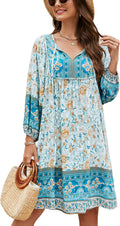 Bluetime Women Casual Summer Dress Boho V Neck 3/4 Sleeve - Flowy Fit