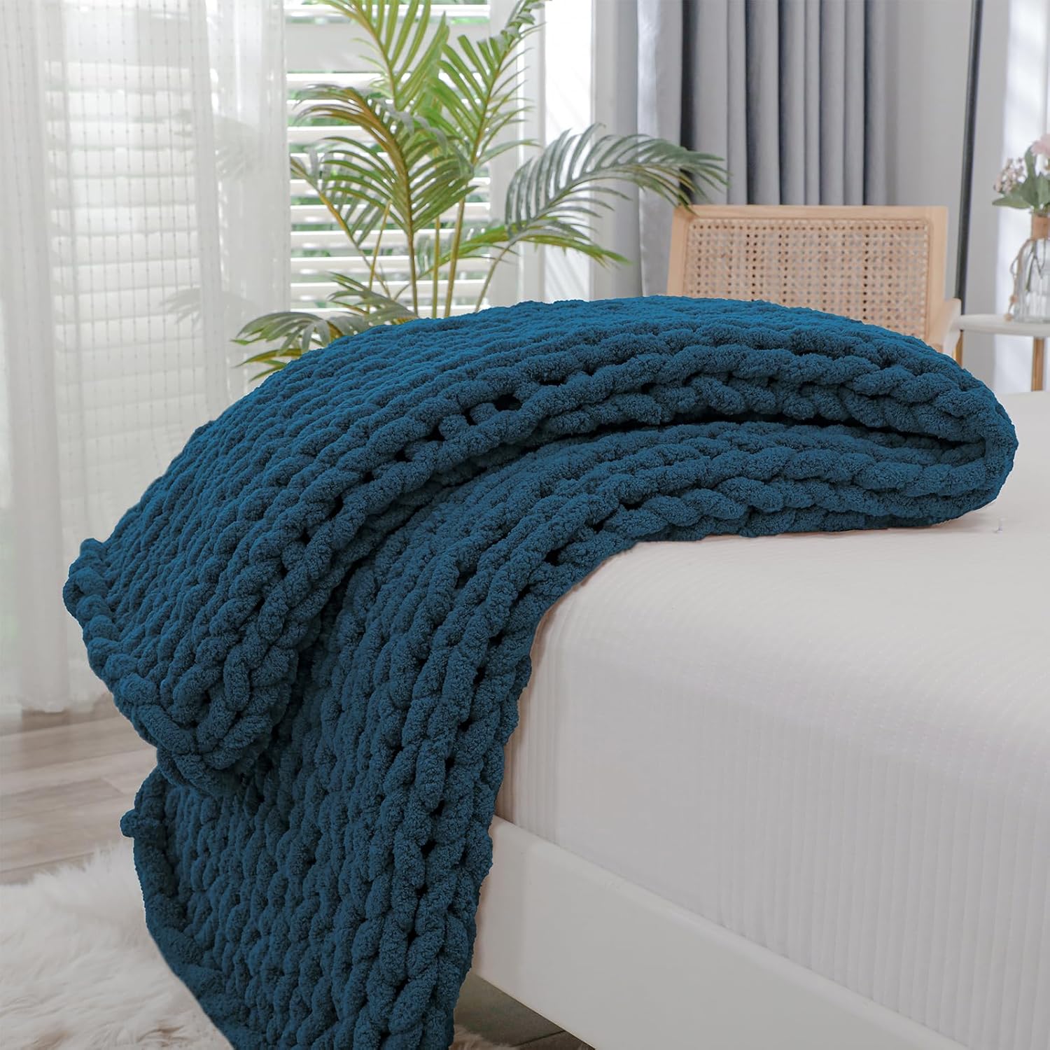 Chunky Knit Throw Blanket for Couch, 40x60 in, Deep Sea Blue