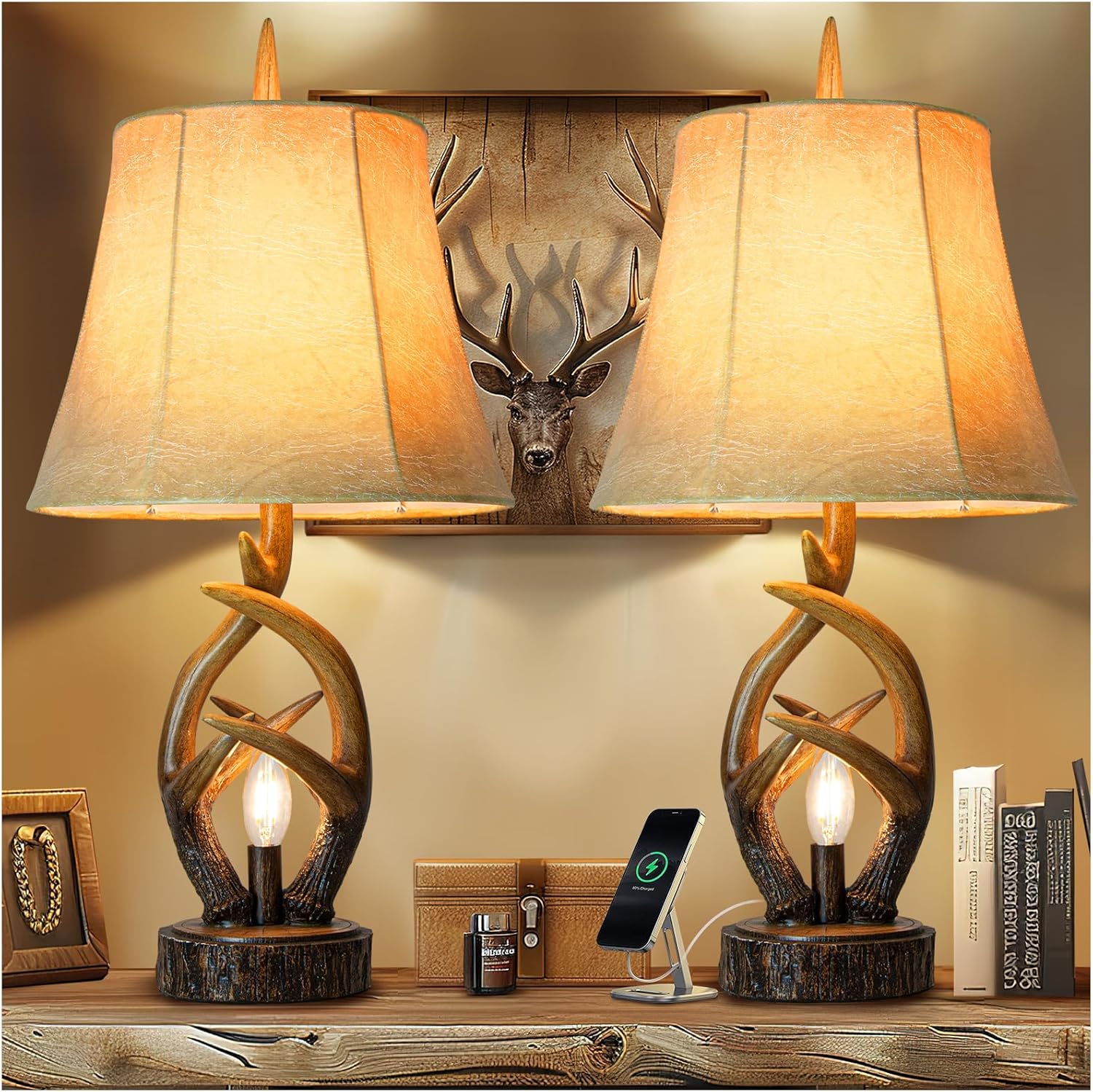 Rustic Farmhouse Antlers Bedside Table Lamp Set of 2 with USB