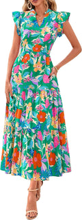 Floral Midi Dress Cap Sleeve V Neck Ruffle - Flowy Summer Staple