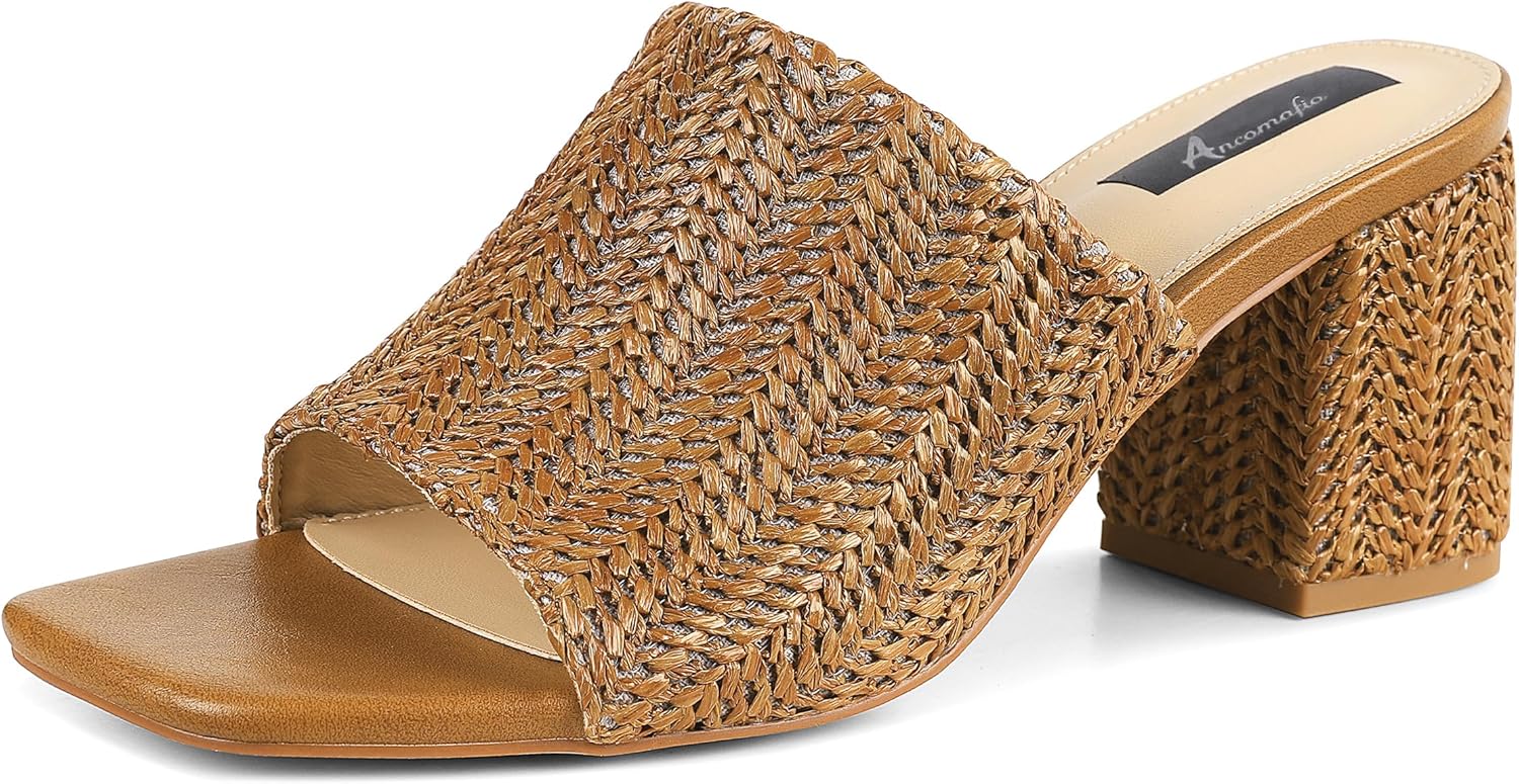 Stylish Heeled Mules for Women: Ancomafio Raffia Sandals