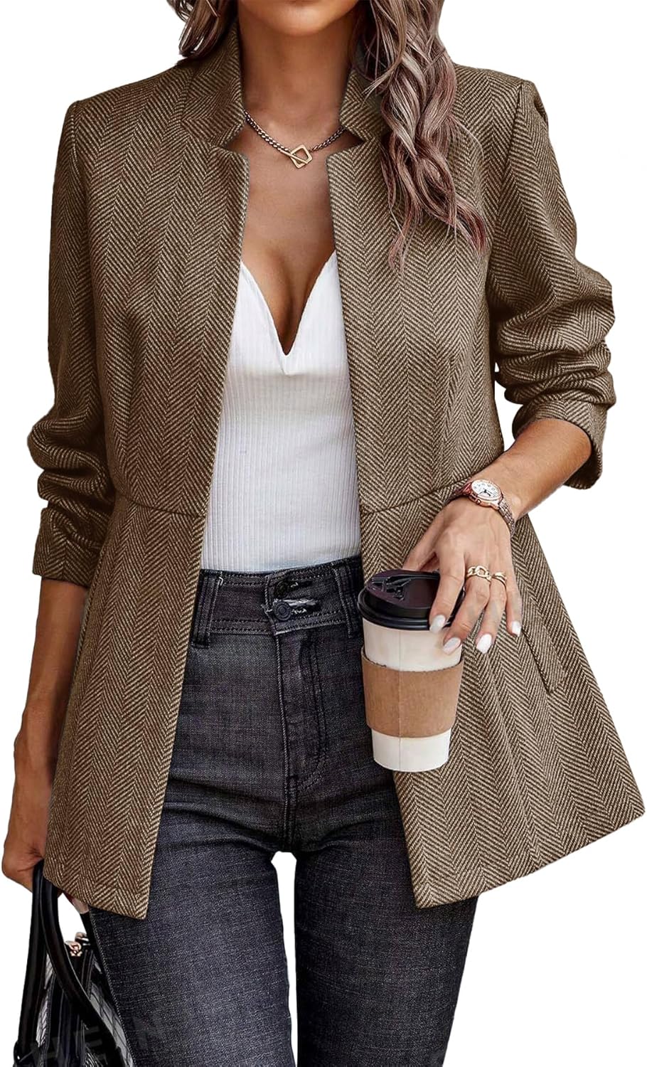 ELLEVEN Womens Open Front Herringbone Blazer for Work Style