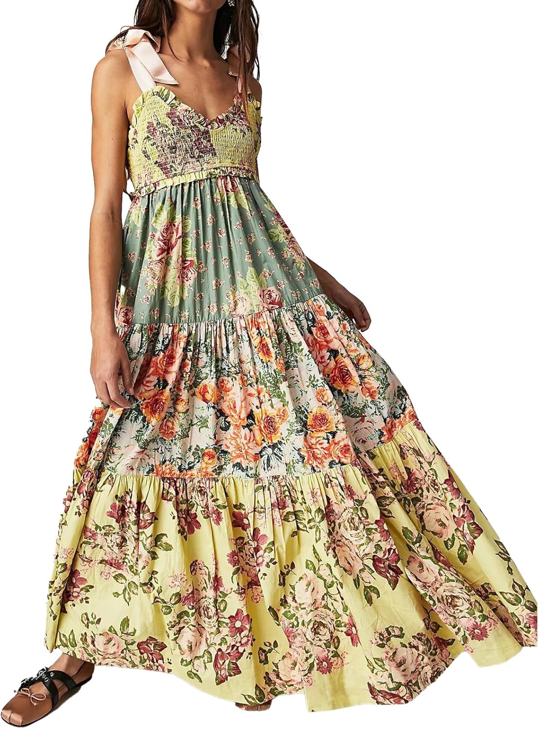 Women Floral Maxi Dress Sleeveless Tie Shoulder Bohemian Style
