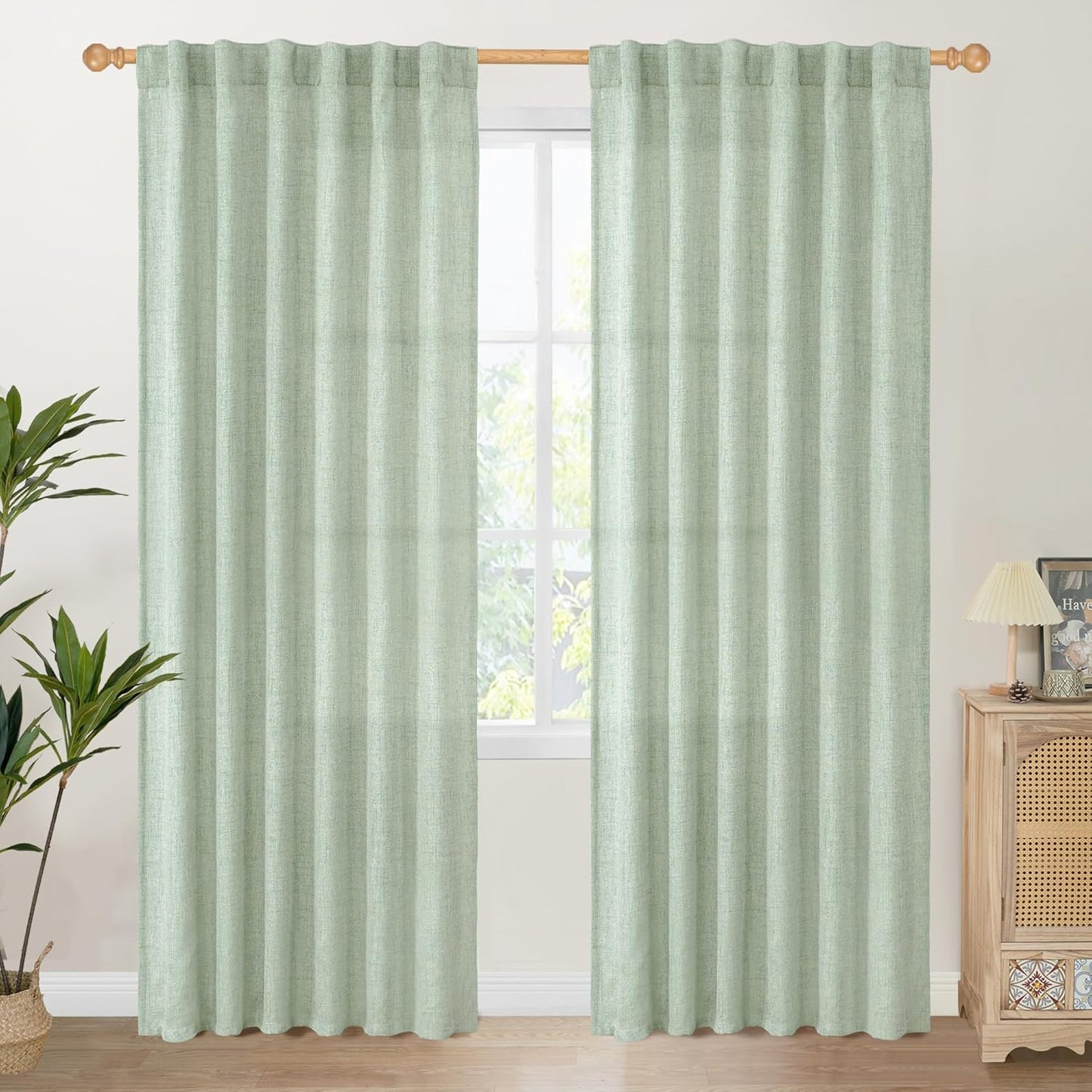 Sage Green Curtains for Living Room - Semi Sheer Linen Drapes