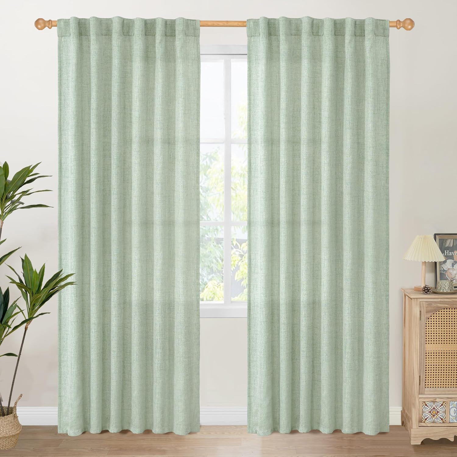 Sage Green Curtains for Living Room - Semi Sheer Linen Drapes
