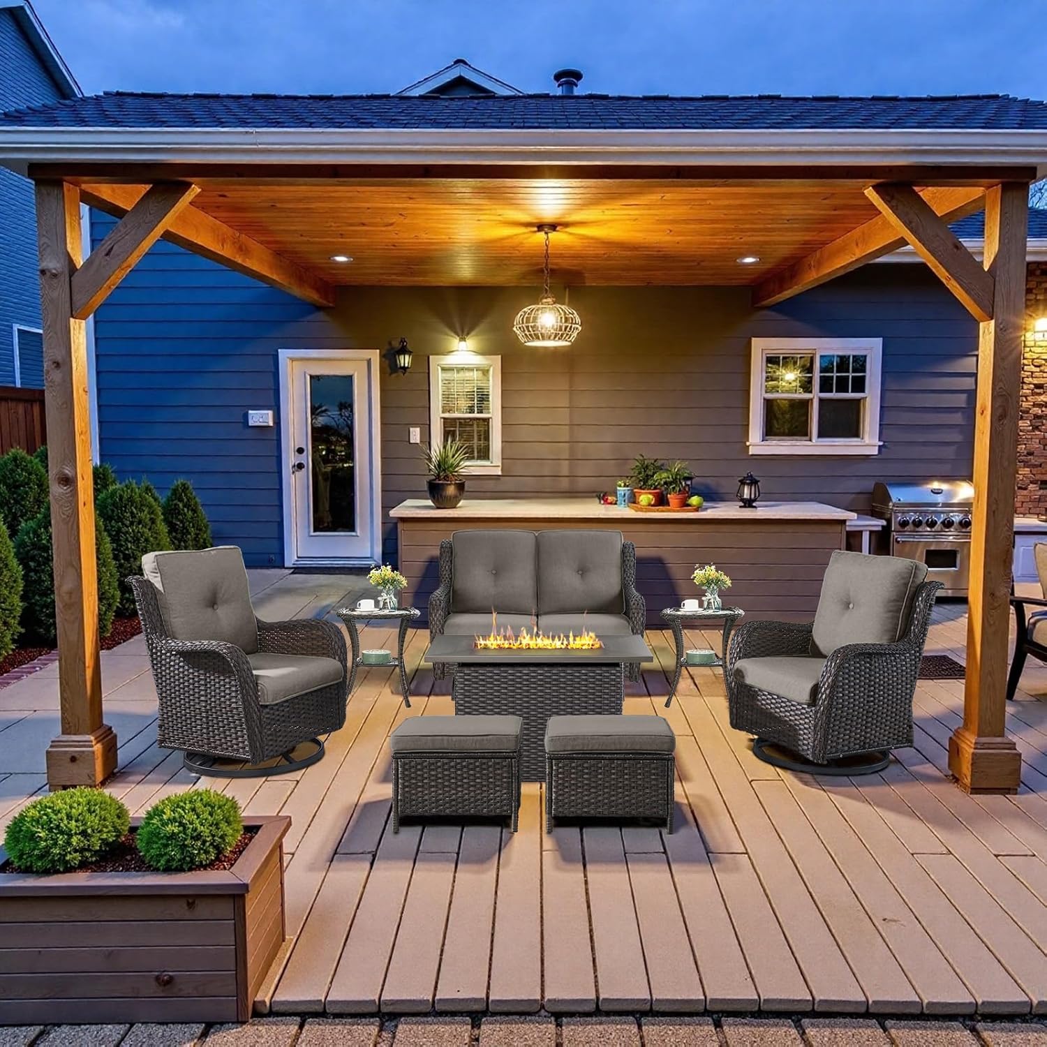 8 Piece Outdoor Patio Furniture Set with Fire Pit Table