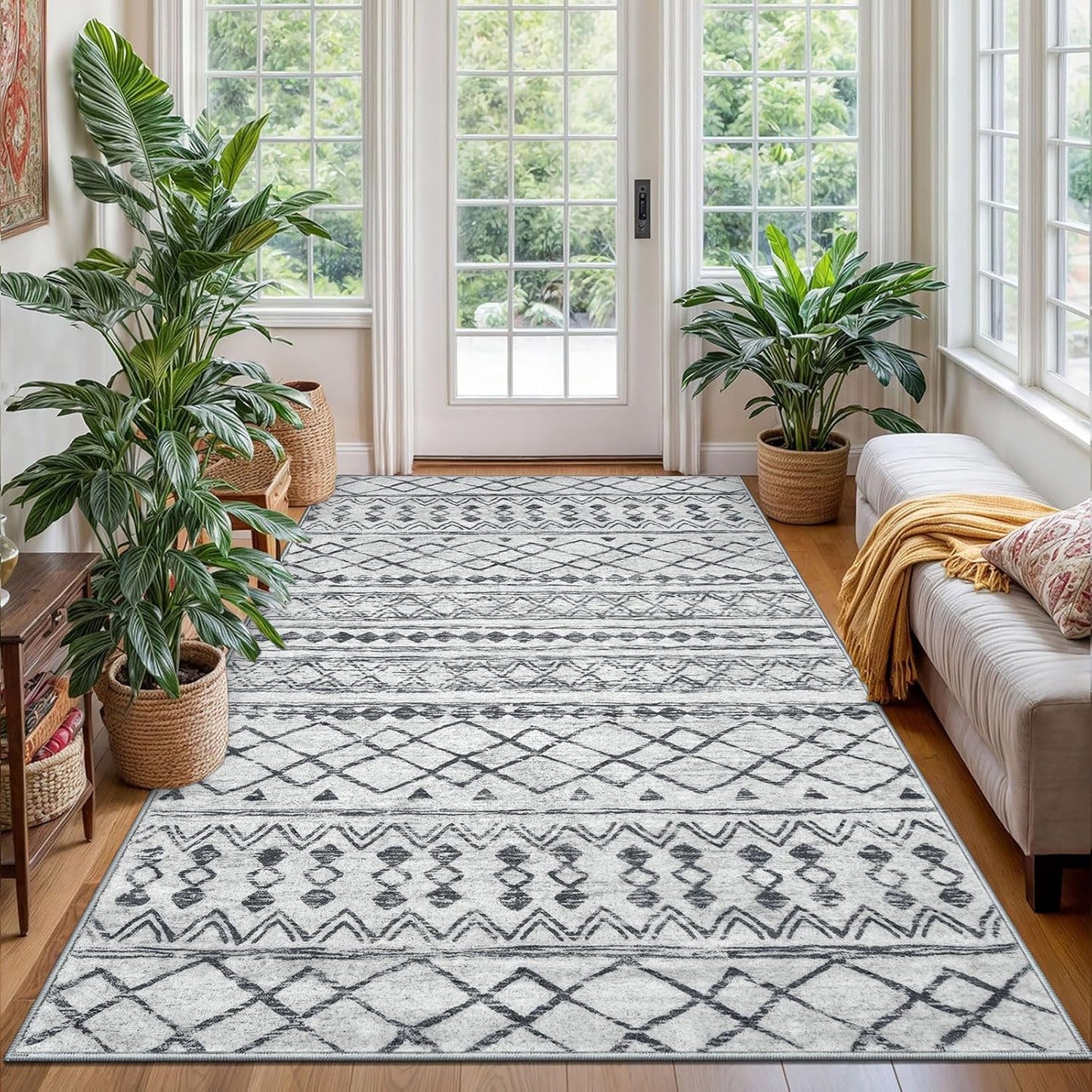 KUTA Bedroom Boho Rug 4x6 Grey - Moroccan Washable Area Rug