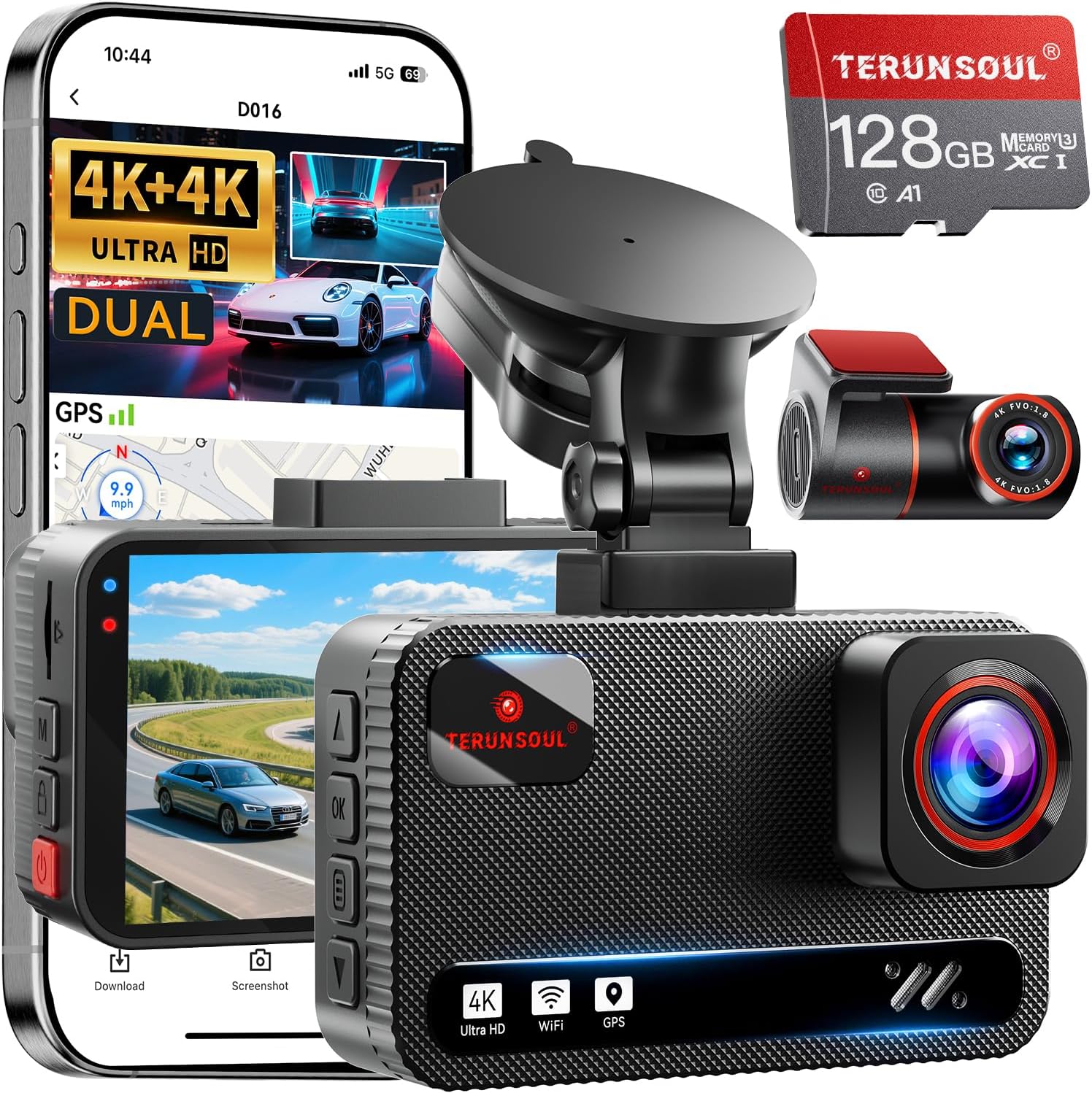 4K Dash Cam Front and Rear with 128GB Card and GPS Features