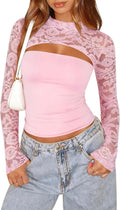 Women's Lace Long Sleeve Going Out Top - Y2K Cutout Slim Fit