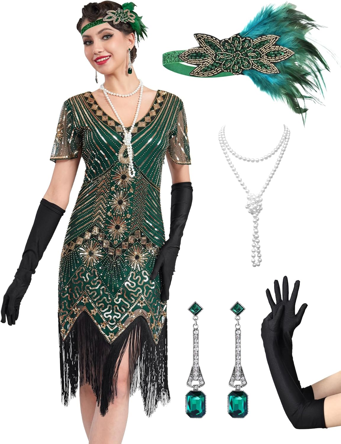 1920s Flapper Dresses for Women with Sheer Beaded Sleeves