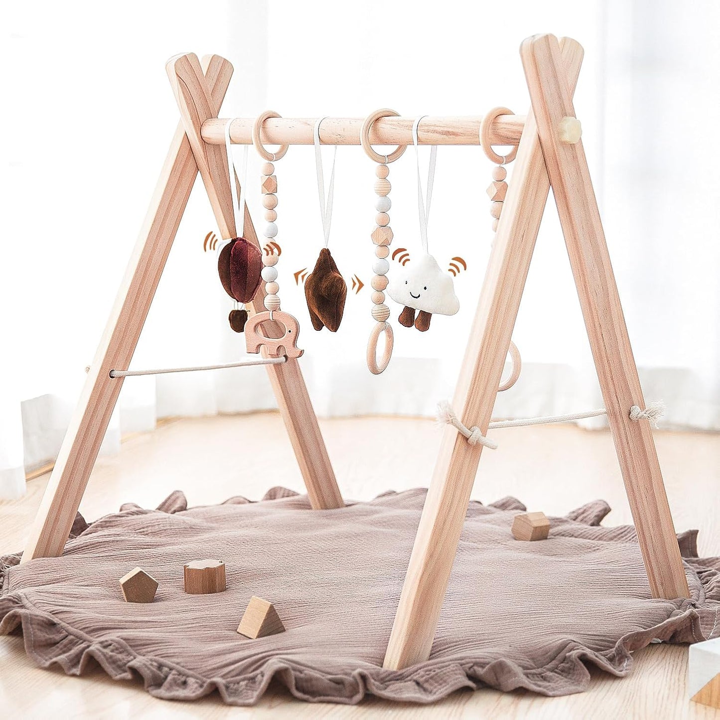 Razee Wooden Baby Play Gym with 6 Sensory Toys for Infants