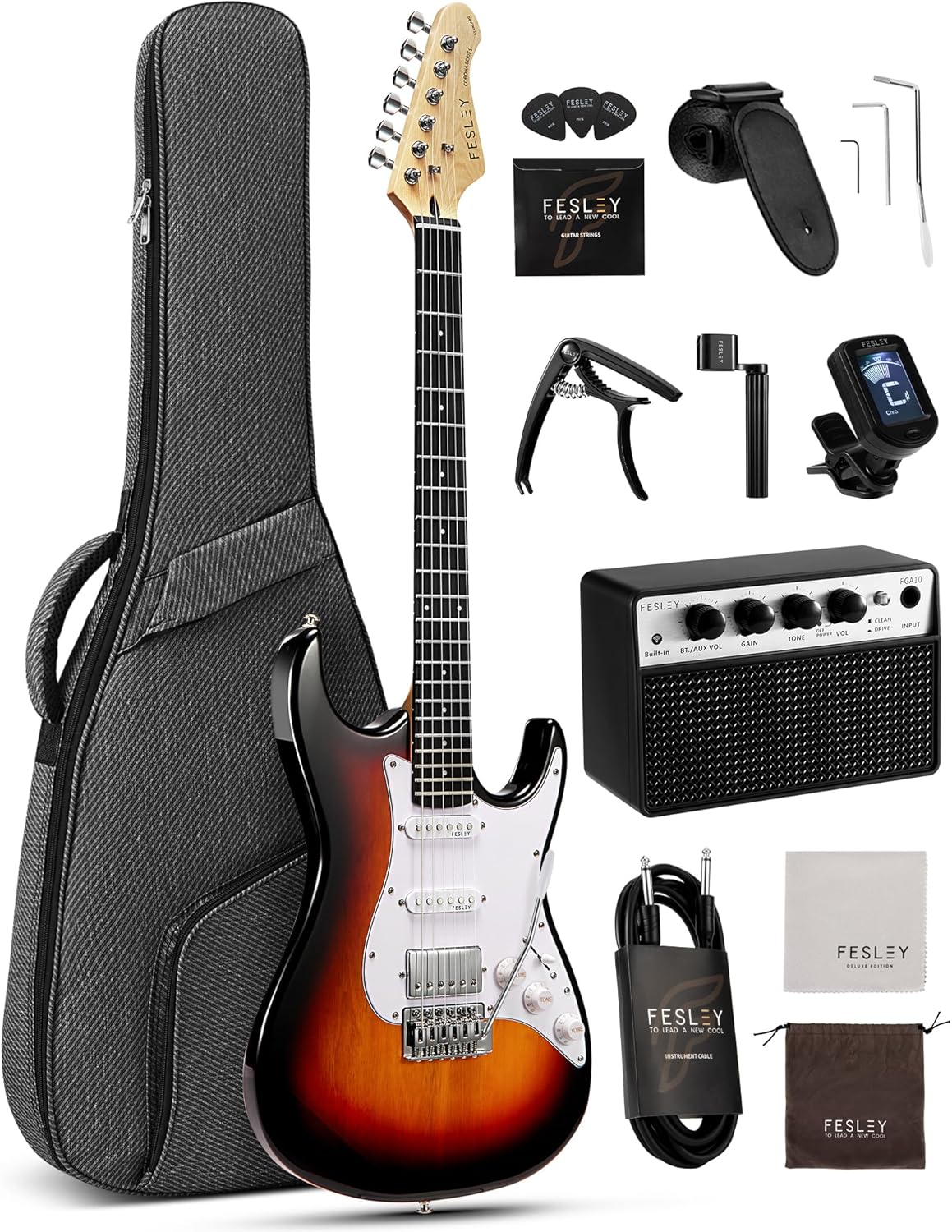 Fesley 39 Electric Guitar Starter Kit: HSS Pickup, Full Size Solid Body, Amplifier & Accessories