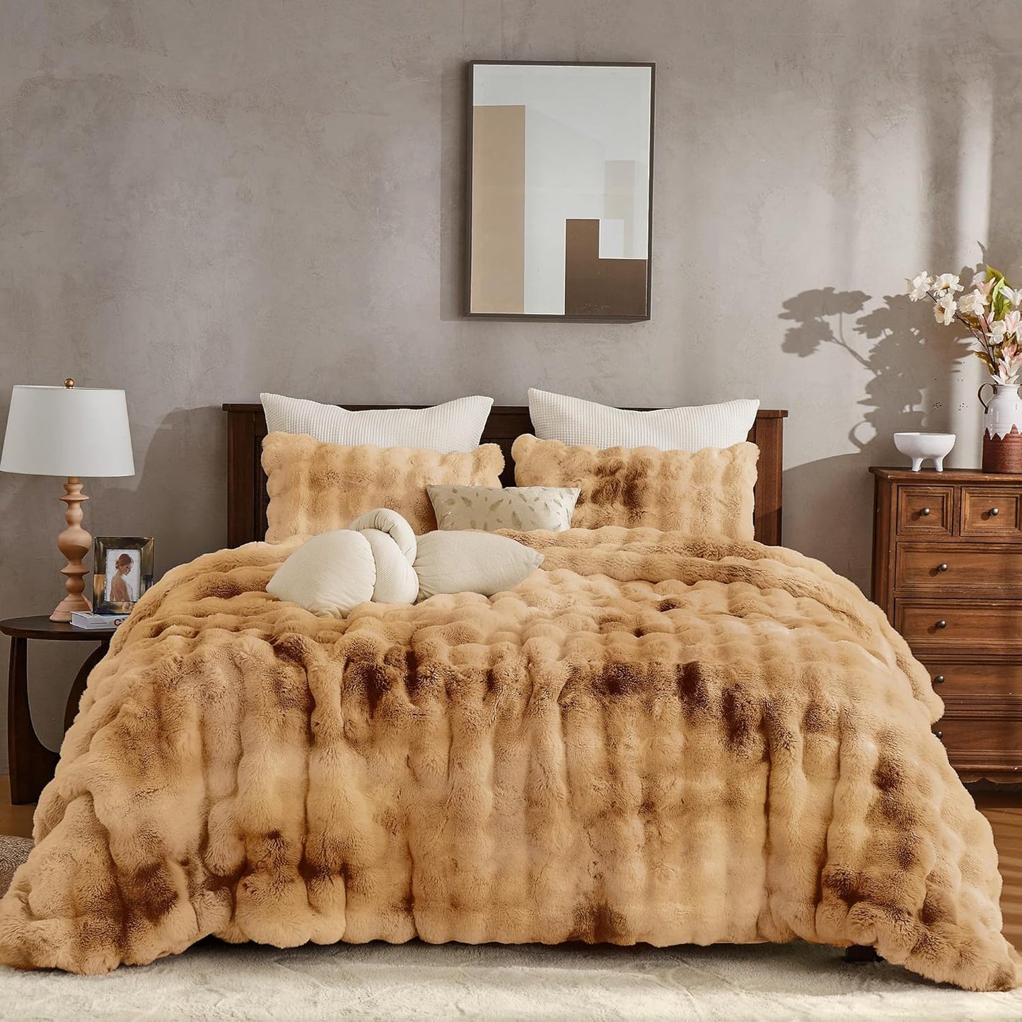Fluffy Faux Rabbit Fur Bubble Comforter Set for King Size Beds