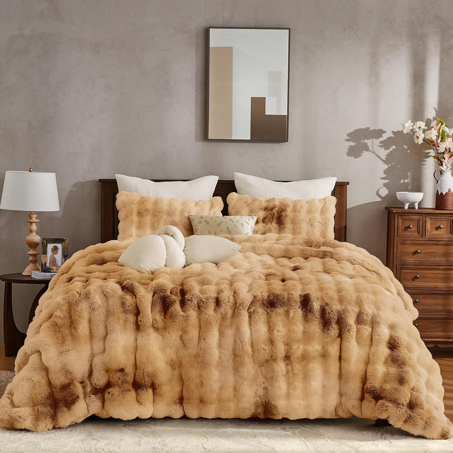 Fluffy Faux Rabbit Fur Bubble Comforter Set for Cozy Winter Nights