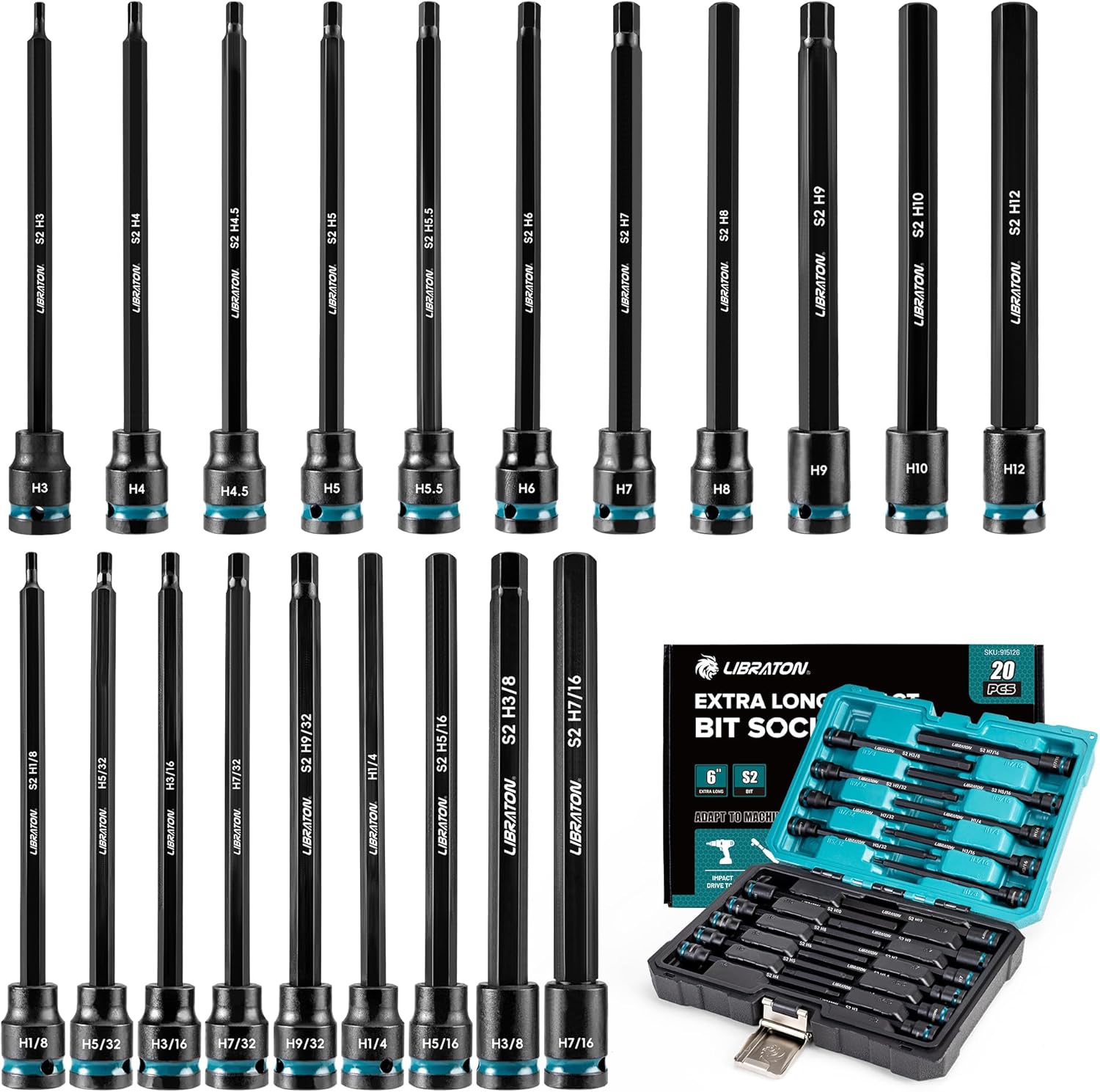 LIBRATON 3/8 Drive Long Impact Hex Bit Socket Set for All Needs