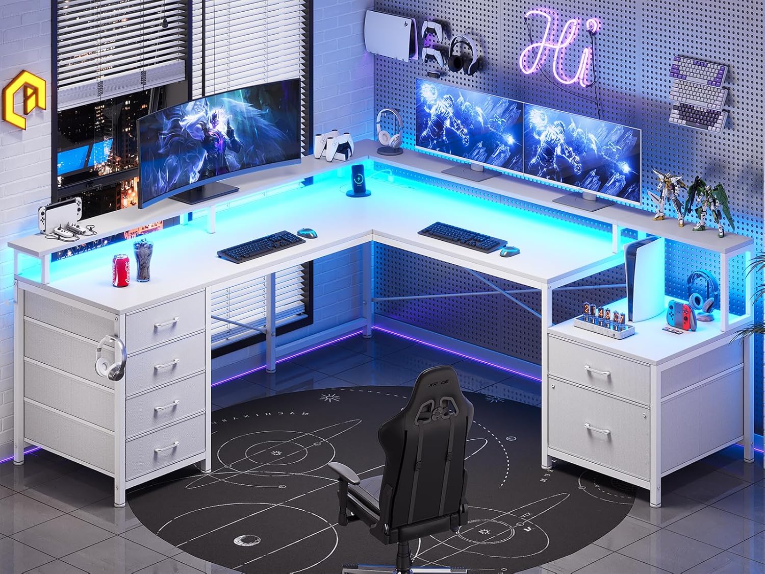 L Shaped Desk with 6 Drawers and Power Outlet for Home Office