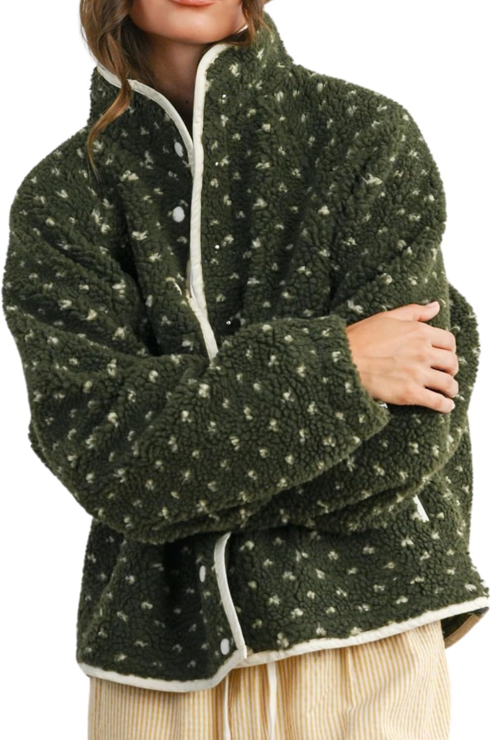 Women's Fleece Jacket with Button Down Lapel Collar for Winter