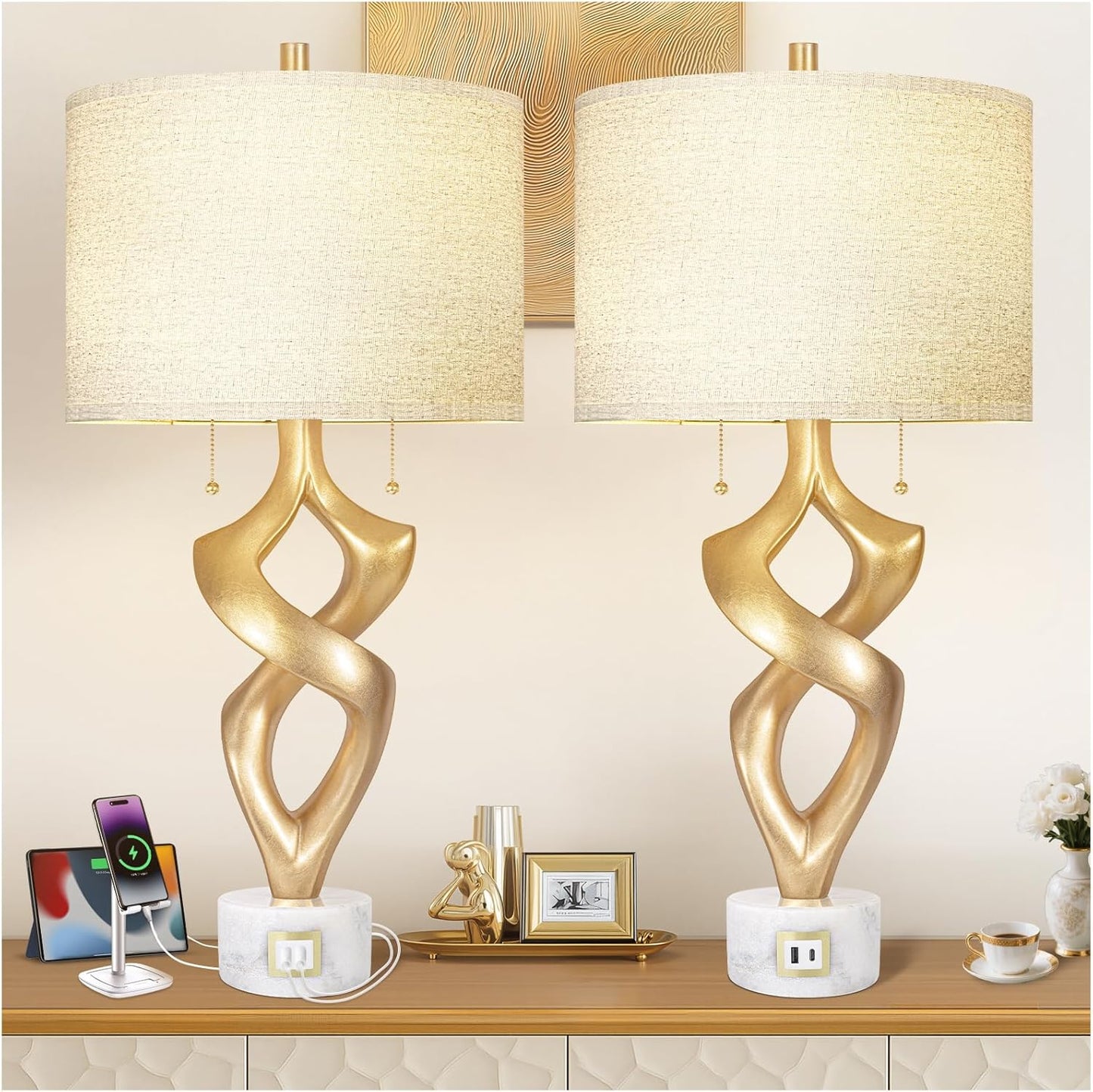 Sculptural Resin Table Lamp Set of 2 with USB Ports for Home