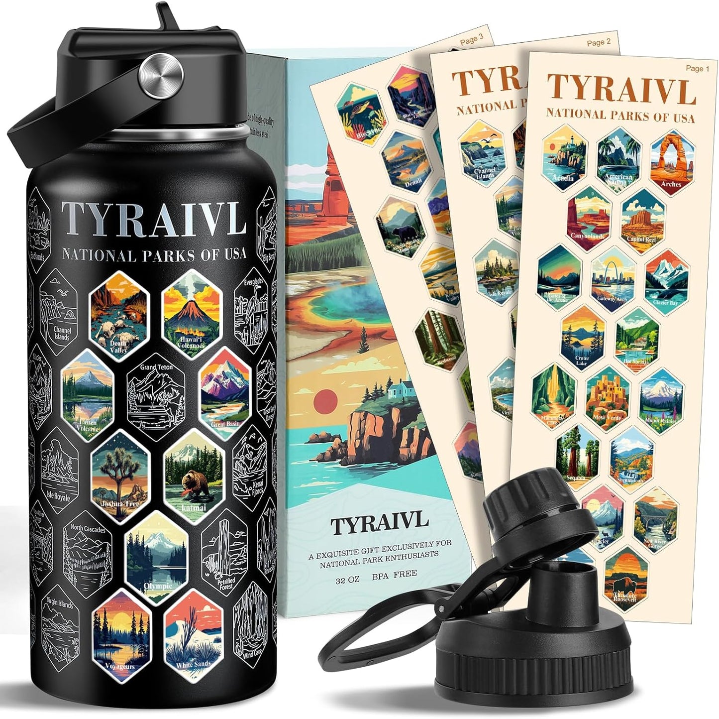 National Parks Water Bottle with Stickers for Outdoor Adventures